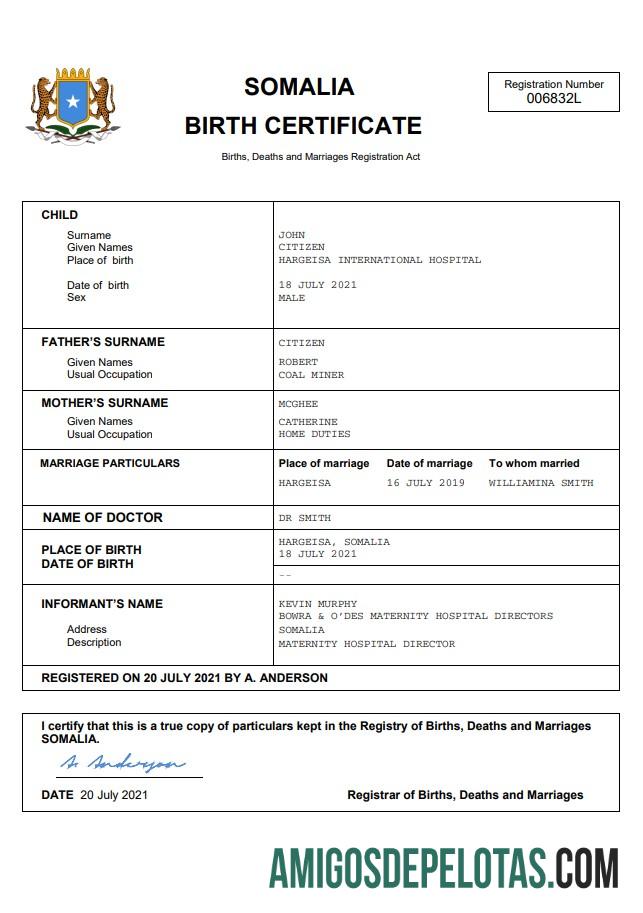 Realista modelo Word e PDF de certidão de nascimento da Somália